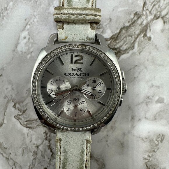 Coach Boyfriend Watch Women Silver Tone Crystal Bezel Leather Band 8.5 Inch - Picture 1 of 15